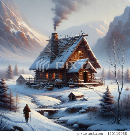 Snowy mountain cabin with smoke rising from chimney in winter wonderland landscape Snowy mountain cabin with smoke rising from chimney in winter wonderland landscape 120119988