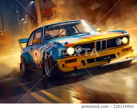 Vintage racing car in motion on urban street at night 120119993