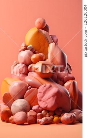 Vibrant abstract sculpture of colorful marbled stones on a minimalist orange background 120120004