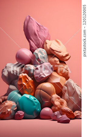 Vibrant abstract sculpture with textured geometric forms and smooth spheres 120120005