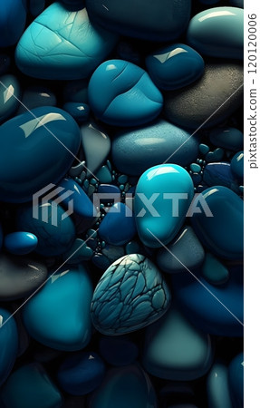 Vibrant blue pebbles with glossy surface - nature's artistic touch in abstract photography Vibrant blue pebbles with glossy surface - nature's artistic touch in abstract photography 120120006