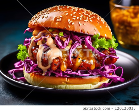 Gourmet chicken burger with purple cabbage and sesame seed bun on black plate Gourmet chicken burger with purple cabbage and sesame seed bun on black plate 120120033