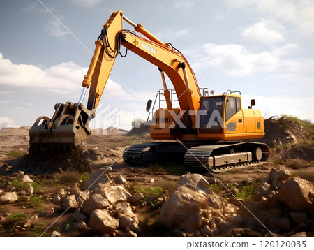Heavy duty excavator at construction site under blue sky 120120035
