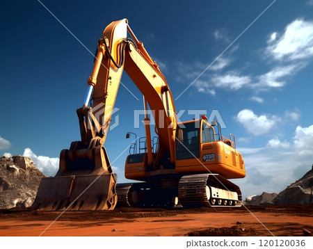Heavy-duty excavator on construction site under clear blue sky 120120036