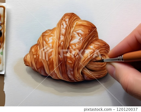 Hyper-realistic croissant painting: capturing pastry texture and detail with a brush Hyper-realistic croissant painting: capturing pastry texture and detail with a brush 120120037
