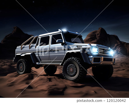 Luxury off-road suv in desert at night: rugged adventure and modern style Luxury off-road suv in desert at night: rugged adventure and modern style 120120042