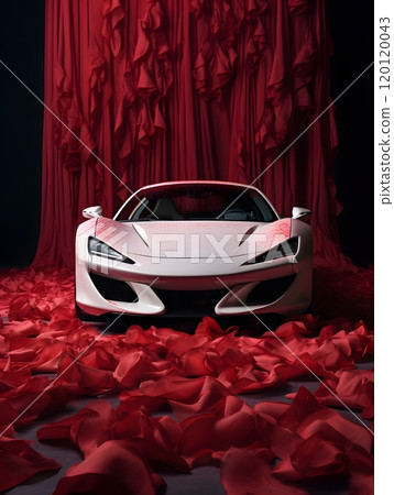 Luxury sports car in dramatic red fabric Luxury sports car in dramatic red fabric 120120043