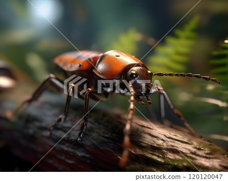 Majestic beetle in natural habitat amidst vibrant greenery 120120047