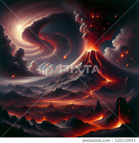 Majestic volcanic eruption illuminating landscape with fiery lava and dramatic cloud swirl 120120051