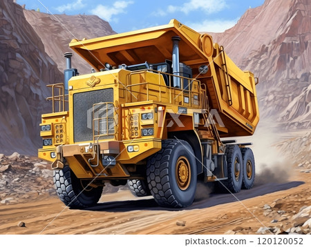Massive yellow dump truck in quarry - industry powerhouse in action 120120052