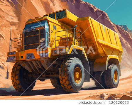 Massive yellow dump truck navigating rugged desert terrain on a sunny day Massive yellow dump truck navigating rugged desert terrain on a sunny day 120120053