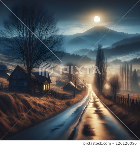 Misty moonlit mountain village: serene rural landscape in the moonlight Misty moonlit mountain village: serene rural landscape in the moonlight 120120056