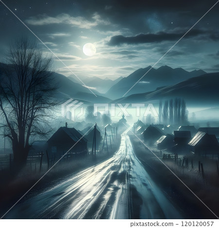 Misty moonlit village road in serene mountain landscape Misty moonlit village road in serene mountain landscape 120120057