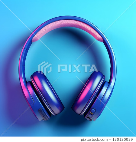 Modern blue and pink wireless headphones on vibrant gradient background 120120059