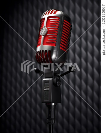 Retro red microphone against padded studio background for vintage audio recording concept Retro red microphone against padded studio background for vintage audio recording concept 120120067