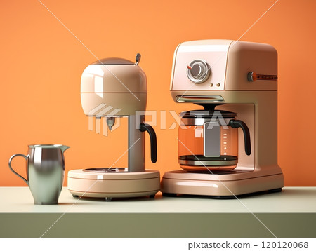 Retro-style coffee makers and milk frother against a vibrant orange background Retro-style coffee makers and milk frother against a vibrant orange background 120120068