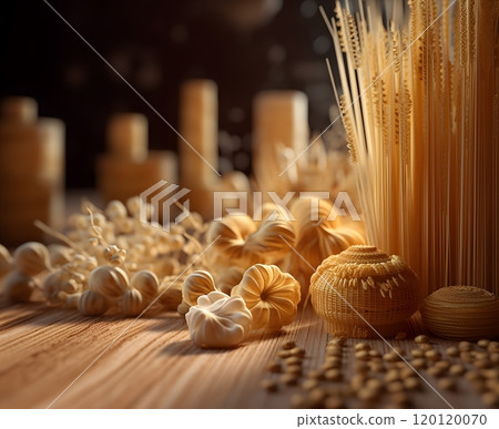 Rustic culinary display of various pasta varieties on wooden table Rustic culinary display of various pasta varieties on wooden table 120120070