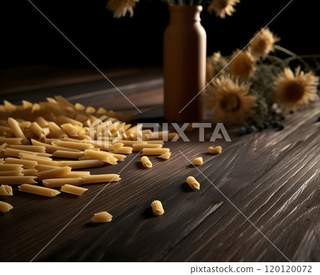 Rustic penne pasta arrangement on wooden table with dried flowers Rustic penne pasta arrangement on wooden table with dried flowers 120120072