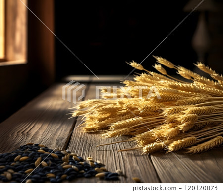 Rustic wheat and seeds on vintage wooden table in warm sunlight Rustic wheat and seeds on vintage wooden table in warm sunlight 120120073
