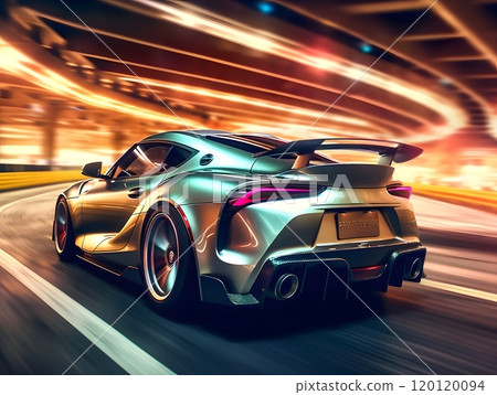 Sleek sports car in dynamic motion under neon tunnel lighting for modern speed aesthetic Sleek sports car in dynamic motion under neon tunnel lighting for modern speed aesthetic 120120094