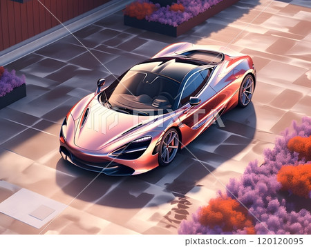 Sleek supercar in modern sunset setting with vibrant colors and contemporary design Sleek supercar in modern sunset setting with vibrant colors and contemporary design 120120095