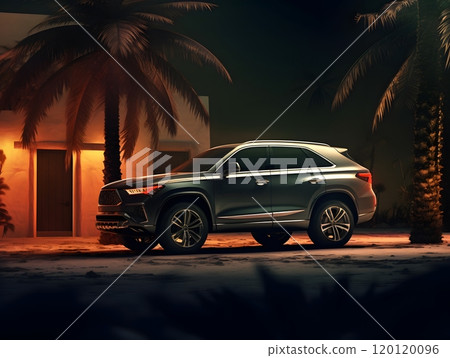 Sleek suv parked by tropical palm trees at sunset, modern auto design Sleek suv parked by tropical palm trees at sunset, modern auto design 120120096