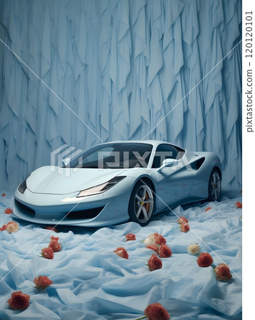 Sleek white sports car in dreamy floral setting with draped blue fabric 120120101