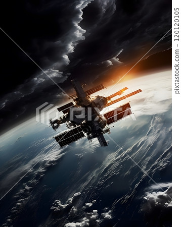 Space station orbiting earth amidst dramatic sunset and cloudscapes Space station orbiting earth amidst dramatic sunset and cloudscapes 120120105
