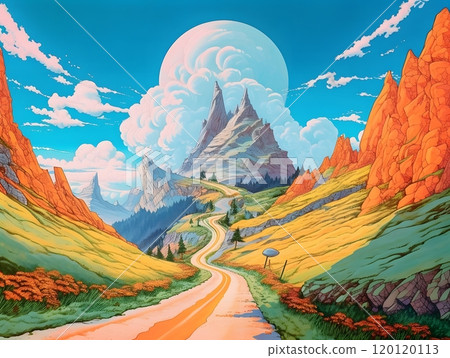 Surreal mountain pathway with dramatic sky and vibrant landscape 120120113