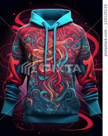 Vibrant abstract art on hoodie with swirling colors and patterns Vibrant abstract art on hoodie with swirling colors and patterns 120120119
