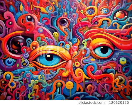 Vibrant abstract art with eyes and colorful swirls in a psychedelic style 120120120