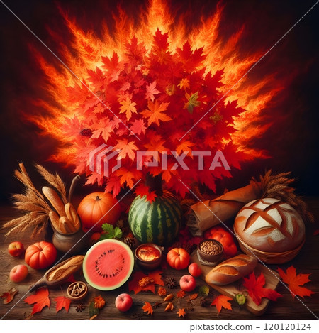 Vibrant autumn harvest with fiery foliage, seasonal fruits, and fresh baked goods Vibrant autumn harvest with fiery foliage, seasonal fruits, and fresh baked goods 120120124