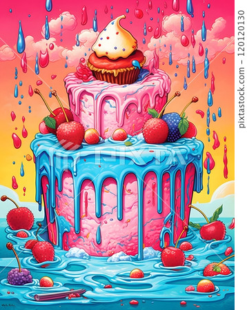 Vibrant dripping cake with berries and cupcake against a colorful sky 120120130