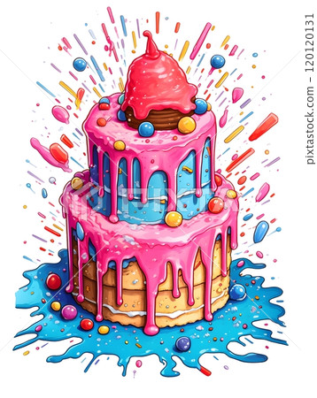 Vibrant dripping cake with colorful candy explosions and icing splashes 120120131