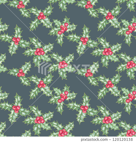 Holly branches with vibrant green leaves and red berries in a seamless pattern on green blue background. Ilex watercolor illustration for seasonal fabric designs, holiday packaging, and home decor Holly branches with vibrant green leaves and red berries in a seamless pattern on green blue background. Ilex watercolor illustration for seasonal fabric designs, holiday packaging, and home decor 120120138