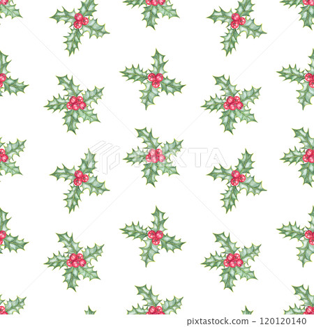 Holly branches with lush green leaves and red berries arranged in a seamless watercolor pattern. Ilex clipart for seasonal fabric designs, decorative products, and festive merchandise 120120140