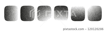 Geometric gradient dot pattern with grainy texture and noise effect. Black and white square with dust details. Flat vector illustration isolated on white background. Geometric gradient dot pattern with grainy texture and noise effect. Black and white square with dust details. Flat vector illustration isolated on white background. 120120286
