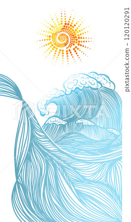 Sun and sea graphics. Hand drawing. Not AI, Vector illustration. Sun and sea graphics. Hand drawing. Not AI, Vector illustration. 120120291