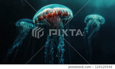 Giant jellyfish swimming in dark water 120120548