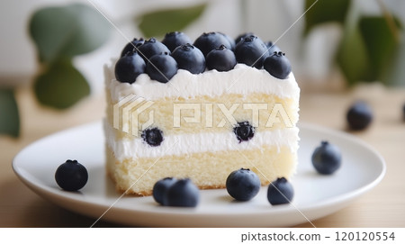 Japanese fluffy cake topped with blueberries on plate 120120554