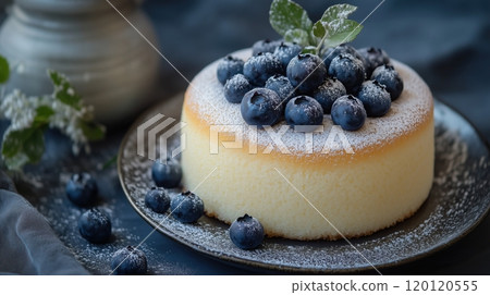 Japanese fluffy cake topped with blueberries on plate 120120555