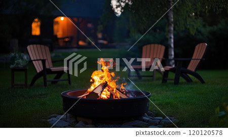 Outdoor fire pit in the backyard, with lawn chairs 120120578