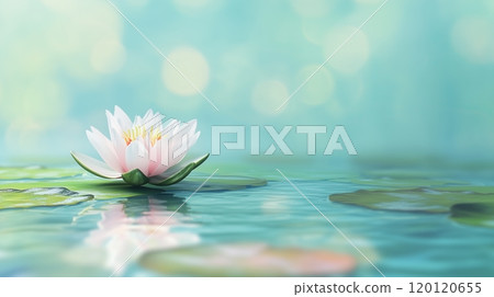 Magic glowing Lotus flower on cold blue green water 120120655