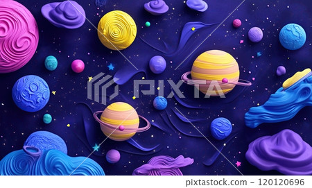 Whimsical space scene with cute purple planets 120120696