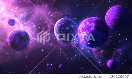 Whimsical space scene with cute purple planets Whimsical space scene with cute purple planets 120120697