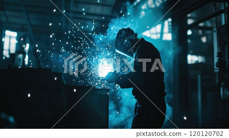 Wired worker welding with blue sparks in dark factory 120120702