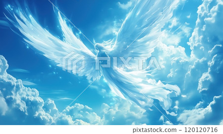 Angel spirit across a bright blue sky with clouds 120120716