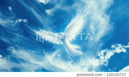 Angel spirit across a bright blue sky with clouds Angel spirit across a bright blue sky with clouds 120120717