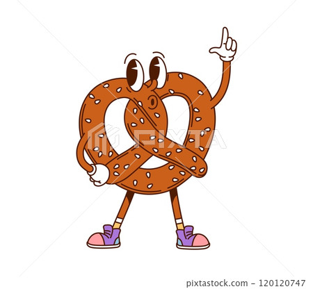 Cartoon pretzel groovy fast food character. Isolated vector funky cheerful bretzel retro personage for bavarian or german cafe menu. Pastry bakery dessert with sprinkles. Cute oktoberfest patisserie Cartoon pretzel groovy fast food character. Isolated vector funky cheerful bretzel retro personage for bavarian or german cafe menu. Pastry bakery dessert with sprinkles. Cute oktoberfest patisserie 120120747