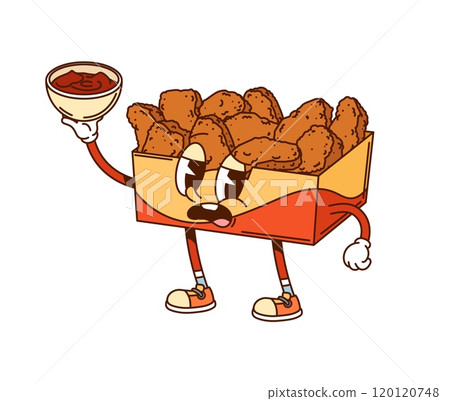 Cartoon groovy box of chicken nuggets fast food character holding a bowl of dipping sauce. Isolated vector retro hippie y2k snack personage in trendy vintage sneakers inviting for the fastfood cafe Cartoon groovy box of chicken nuggets fast food character holding a bowl of dipping sauce. Isolated vector retro hippie y2k snack personage in trendy vintage sneakers inviting for the fastfood cafe 120120748